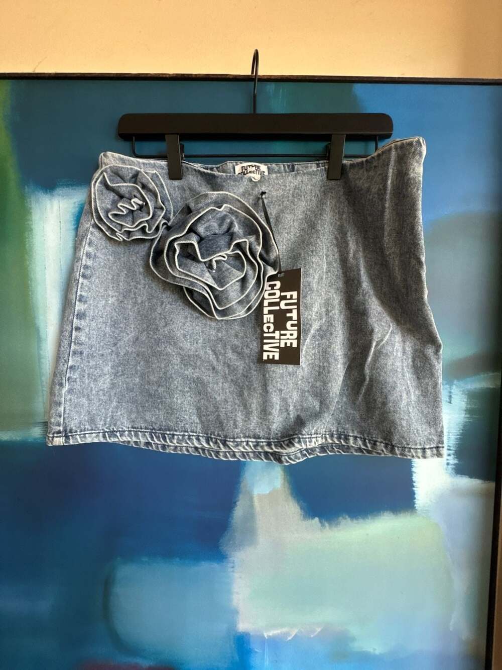 Future Collective Acid Wash Denim Mini Skirt with Floral Appliques - Picture 2 of 8